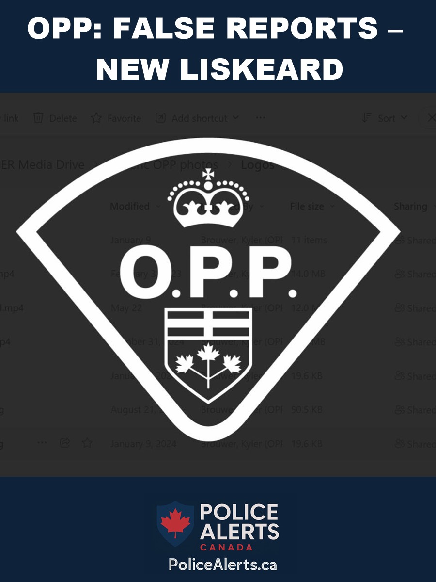 Ontario Provincial Police (OPP) logo for public safety alert in New Liskeard, Ontario