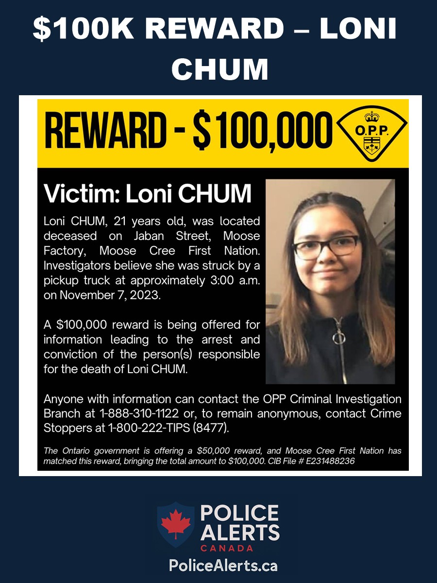 OPP and NAPS $100,000 reward appeal in death of Loni Chum, Moose Factory Ontario